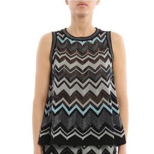 M Missoni‎ Lurex Tank Top Womens 44 Black Blue Zigzag Chevron Metallic Knit